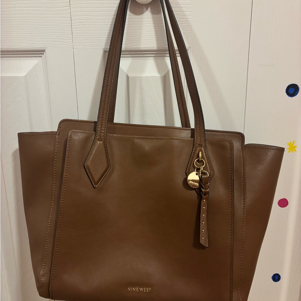 Nine West Chestnut Brown Leather Tote with Gold Charm